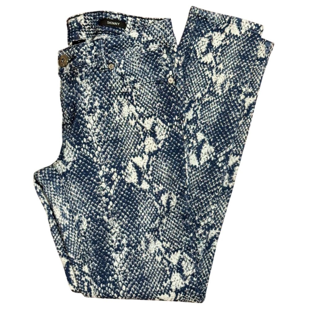 CACHE Womens Size 4 Blue & White  Denim Stretch Snake Print Skinny Jeans Comfort